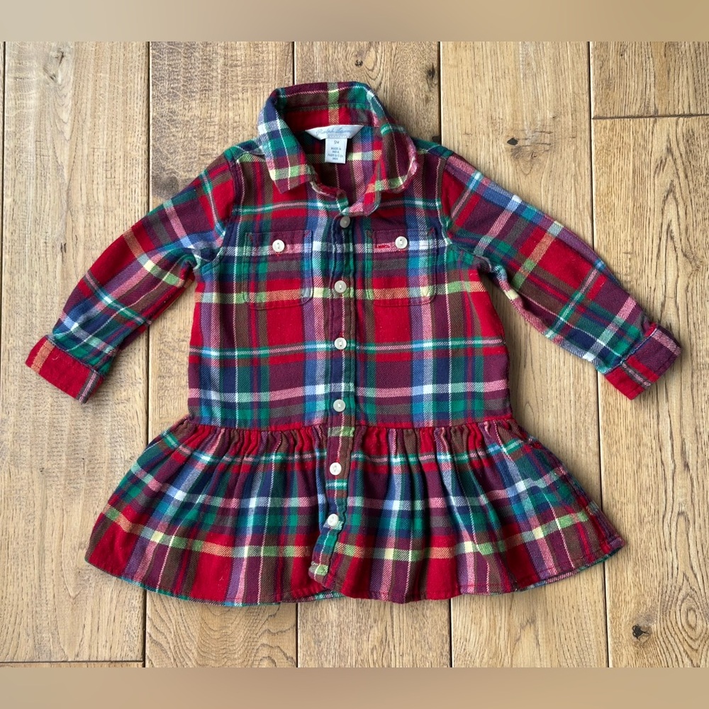 Ralph Lauren Red Plaid Flannel Button Down Dress size 9 Months